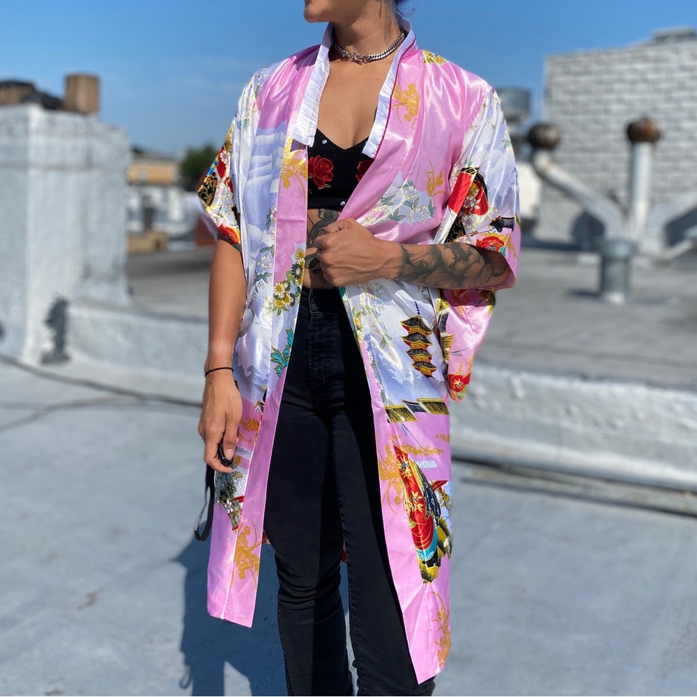 Pink and White Satin Kimono